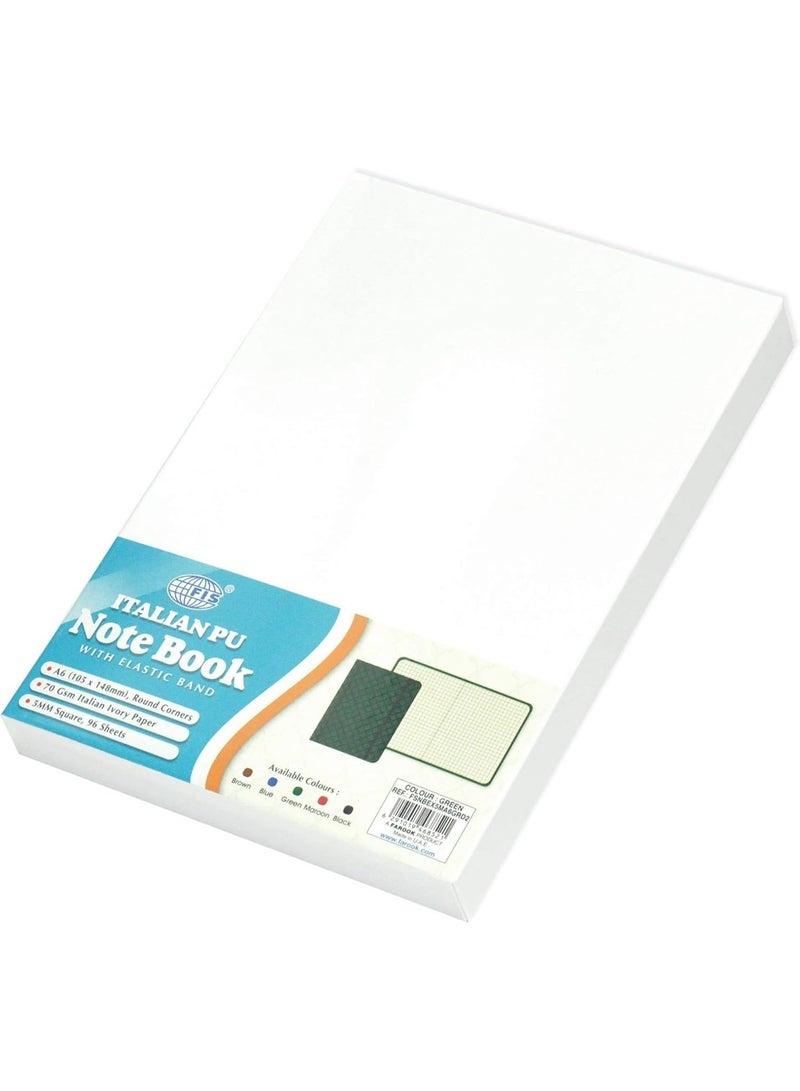 FIS Notebook With Elastic Band Italian PU Cover, Ivory Paper, 5 mm Square, Green Color, 96 Sheets With Gift Box, A6 Size - Image 2